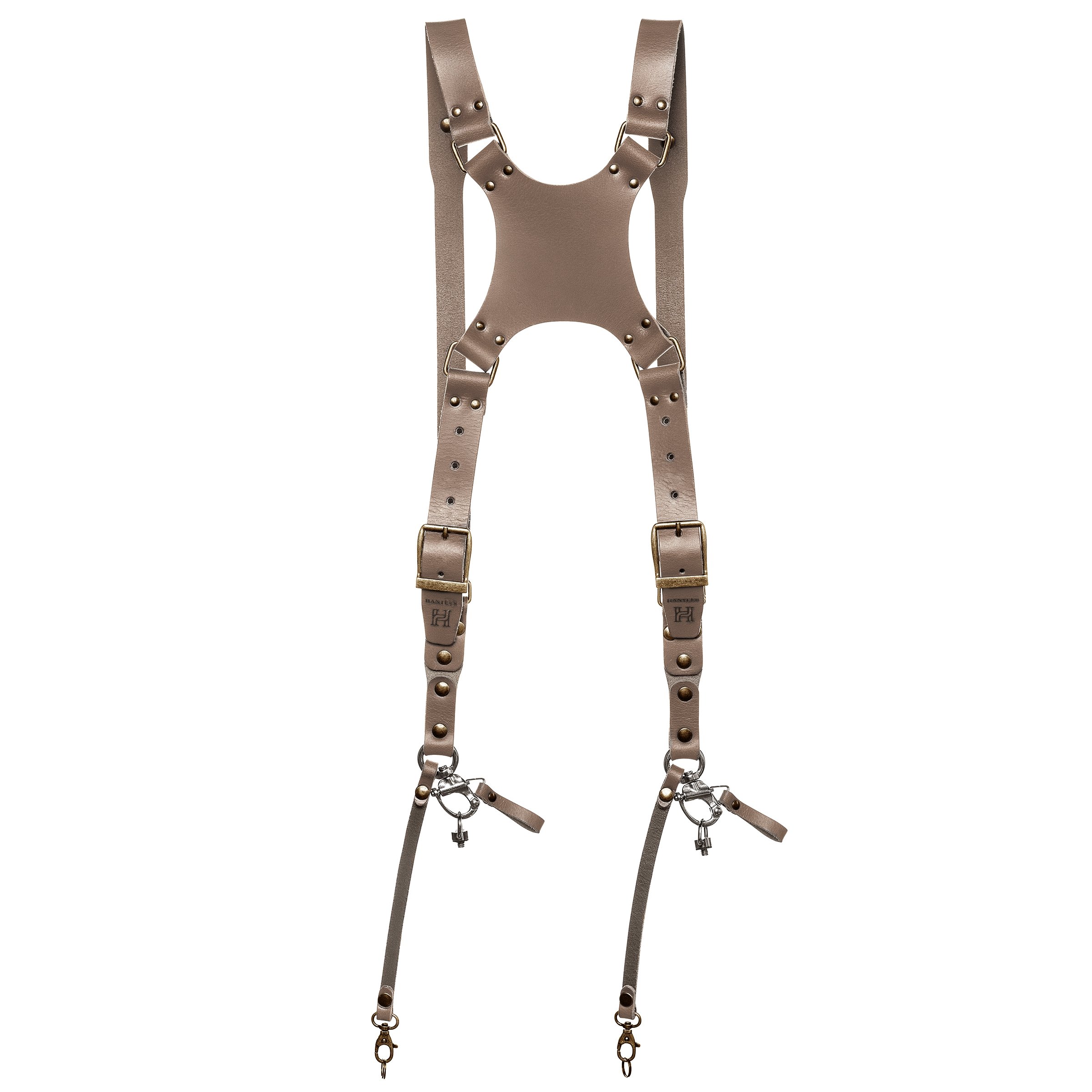 warm taupe leren camera harnas met logo gravering the hantler